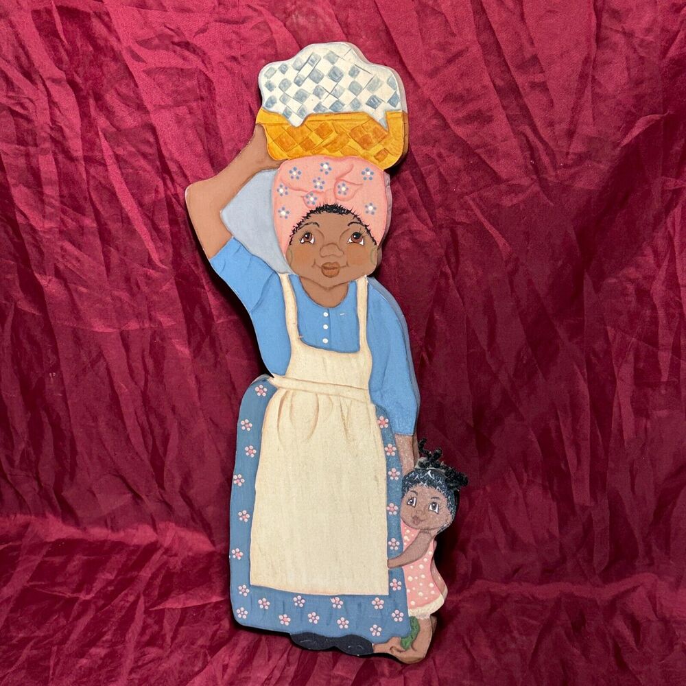 Vintage 20" Folk Art Black Americana Woman & Child Wood Wall Hang Stamped